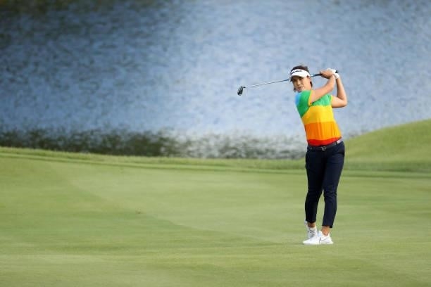 Mi-jeong Jeon of South Korea hits her second shot on the 18th hole during the first round of the Miyagi TV Cup Dunlop Ladies Open at Rifu Golf Club...