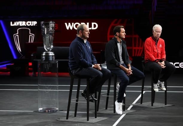 Tony Godsick Laver Cup Chairman, Roger Federer and John McEnroe Team World Captain speak during a live TV interview on CNBC at TD Garden on September...