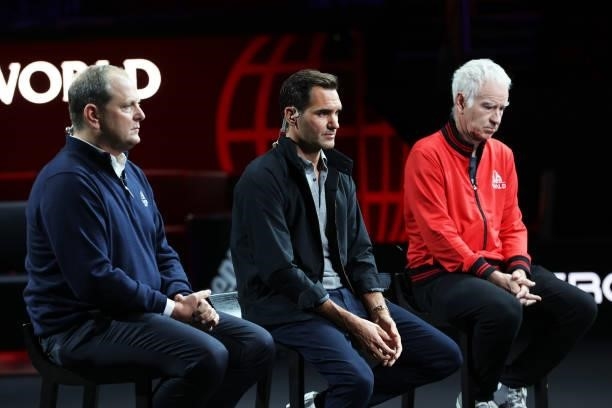 Tony Godsick Laver Cup Chairman, Roger Federer and John McEnroe Team World Captain speak during a live TV interview on CNBC at TD Garden on September...