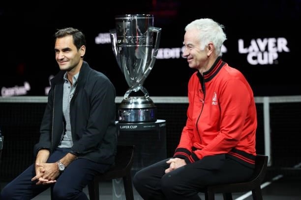 Roger Federer and John McEnroe Team World Captain speak during a live TV interview on CNBC at TD Garden on September 24, 2021 in Boston,...