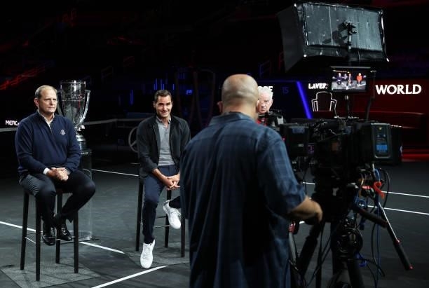 Tony Godsick Laver Cup Chairman and Roger Federer speak during a live TV interview on CNBC at TD Garden on September 24, 2021 in Boston,...
