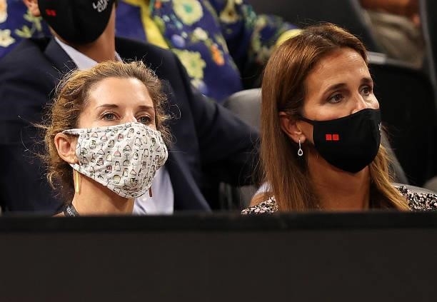 Former players Monica Seles and Mary Jo Fernandez watch from the front row during Day 1 of the 2021 Laver Cup at TD Garden on September 24, 2021 in...