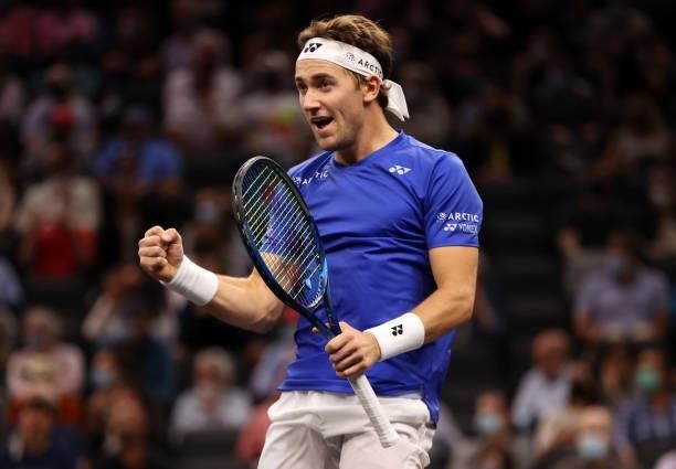 Casper Ruud of Team Europe celebrates his match point over Reilly Opelka of Team World during the first match during Day 1 of the 2021 Laver Cup at...