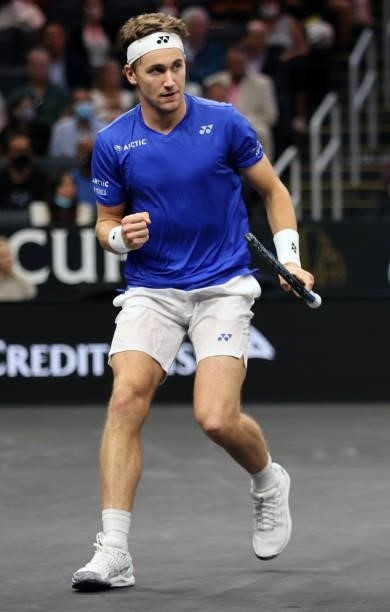 Casper Ruud of Team Europe reacts to a shot against Reilly Opelka of Team World during the first match during Day 1 of the 2021 Laver Cup at TD...
