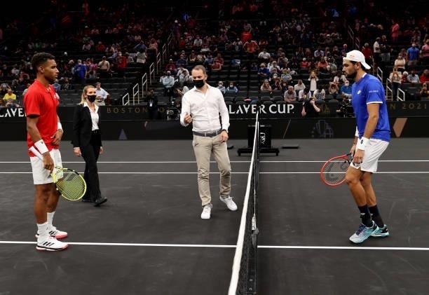 Coin toss for the second match between Felix Auger-Aliassime of Team World and Matteo Berrettini of Team Europe during Day 1 of the 2021 Laver Cup at...