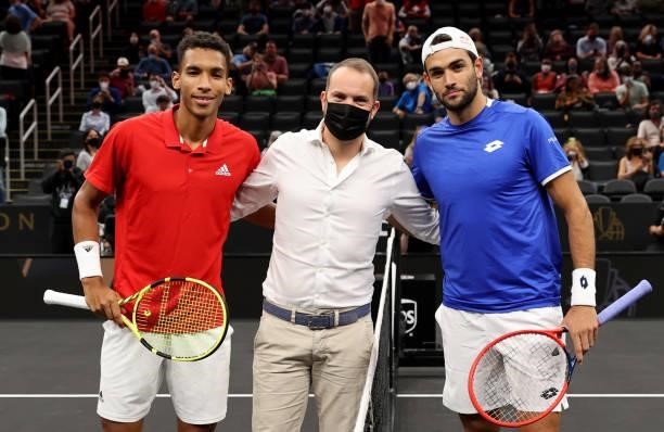 Coin toss for the second match between Felix Auger-Aliassime of Team World and Matteo Berrettini of Team Europe during Day 1 of the 2021 Laver Cup at...