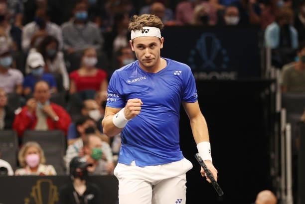 Casper Ruud of Team Europe celebrates his match point over Reilly Opelka of Team World during the first match during Day 1 of the 2021 Laver Cup at...