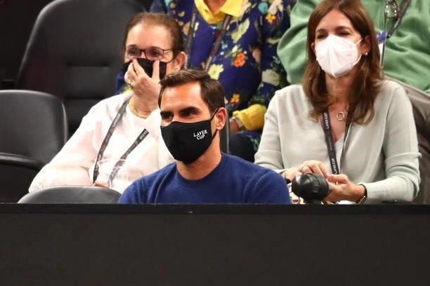 Roger Federer looks on from the front row during the first match during Day 1 of the 2021 Laver Cup at TD Garden on September 24, 2021 in Boston,...