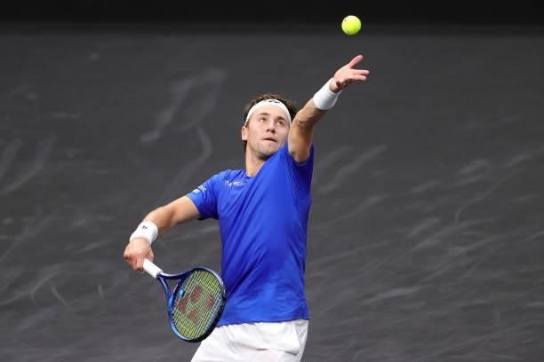 Casper Ruud of Team Europe serves a shot against Reilly Opelka of Team World during the first match during Day 1 of the 2021 Laver Cup at TD Garden...