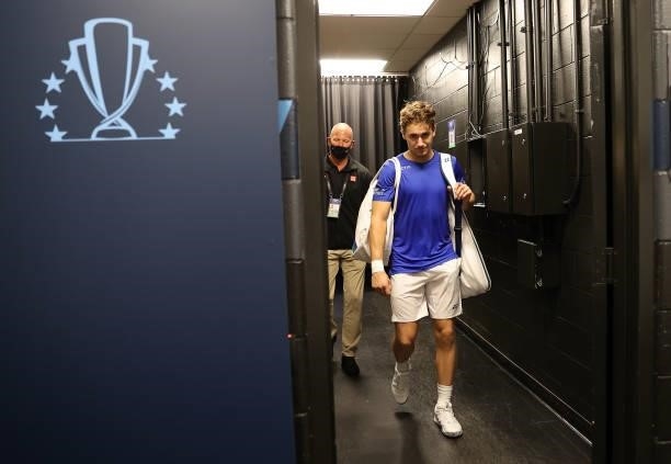 Casper Ruud of Team Europe walks back to the locker room after winning his match against Reilly Opelka of Team World during the first match during...
