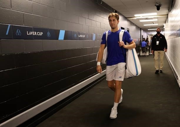 Casper Ruud of Team Europe walks back to the locker room after winning his match against Reilly Opelka of Team World during the first match during...
