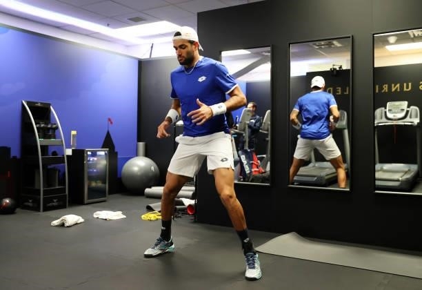 Matteo Berrettini of Team Europe warms up in the locker room before his match against Felix Auger-Aliassime of Team World during Day 1 of the 2021...