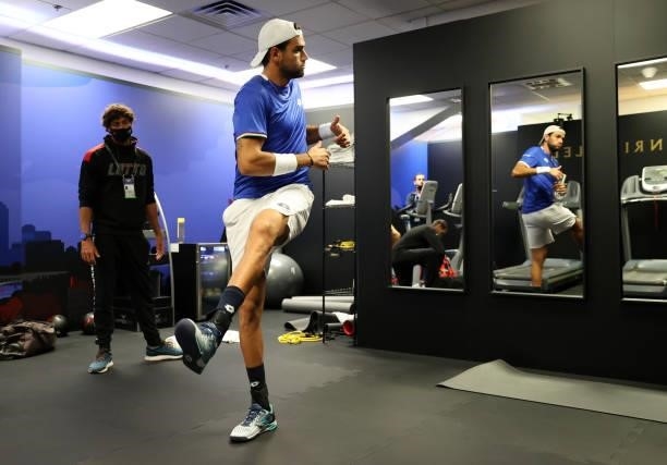 Matteo Berrettini of Team Europe warms up in the locker room before his match against Felix Auger-Aliassime of Team World during Day 1 of the 2021...