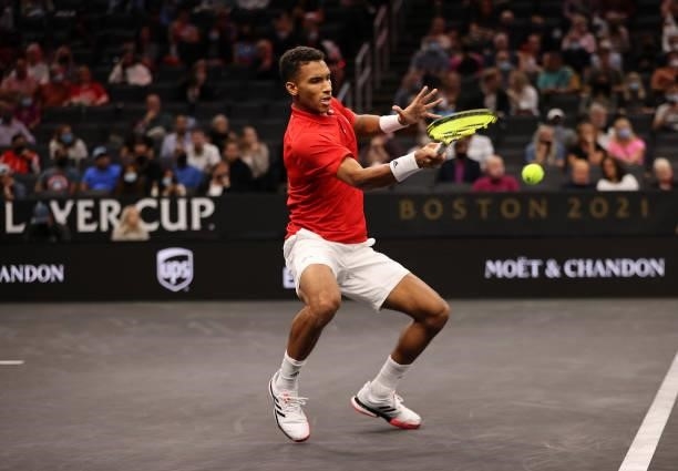 Felix Auger-Aliassime of Team World plays a shot against Matteo Berrettini of Team Europe during the second match during Day 1 of the 2021 Laver Cup...