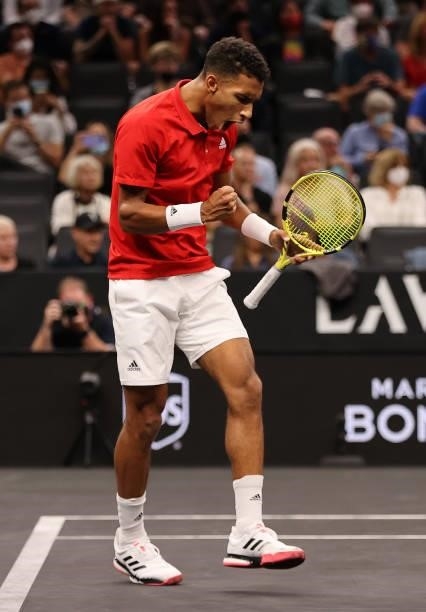Felix Auger-Aliassime of Team World reacts to his shot against Matteo Berrettini of Team Europe during the second match during Day 1 of the 2021...