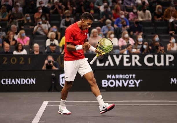 Felix Auger-Aliassime of Team World reacts to his shot against Matteo Berrettini of Team Europe during the second match during Day 1 of the 2021...