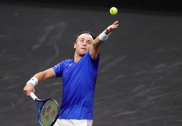 Casper Ruud of Team Europe plays a shot against Reilly Opelka of Team World during the first match during Day 1 of the 2021 Laver Cup at TD Garden on...