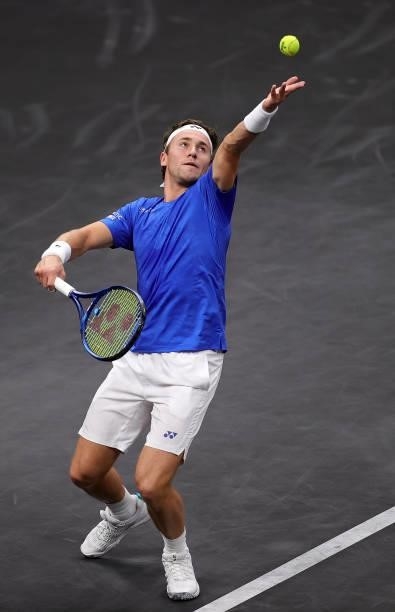 Casper Ruud of Team Europe serves a shot to Reilly Opelka of Team World during the first match during Day 1 of the 2021 Laver Cup at TD Garden on...