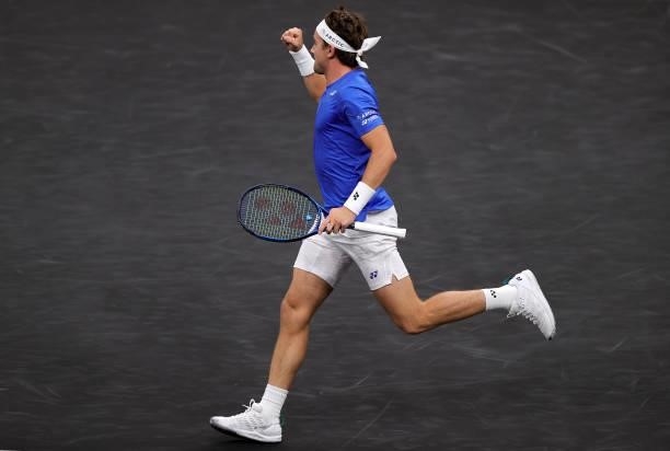 Casper Ruud of Team Europe reacts to his shot over Reilly Opelka of Team World during the first match during Day 1 of the 2021 Laver Cup at TD Garden...