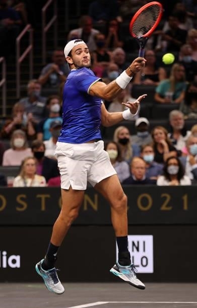 Matteo Berrettini of Team Europe plays a shot against Felix Auger-Aliassime of Team World during the second match during Day 1 of the 2021 Laver Cup...