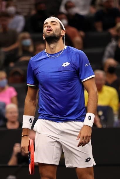 Matteo Berrettini of Team Europe reacts to a shot against Felix Auger-Aliassime of Team World during the second match during Day 1 of the 2021 Laver...