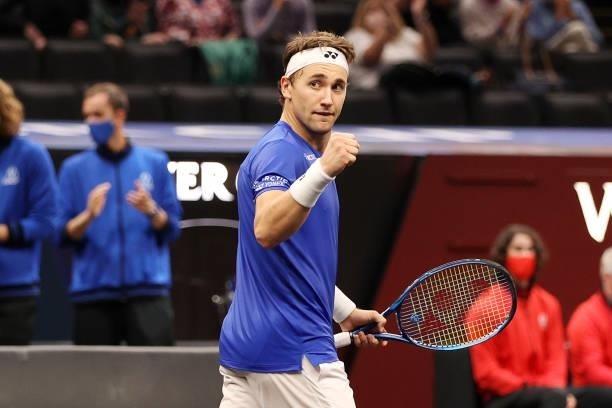 Casper Ruud of Team Europe reacts to his shot over Reilly Opelka of Team World during the first match during Day 1 of the 2021 Laver Cup at TD Garden...