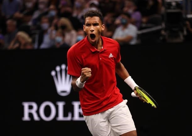 Felix Auger-Aliassime of Team World reacts to his shot in the first set against Matteo Berrettini of Team Europe during the second match during Day 1...