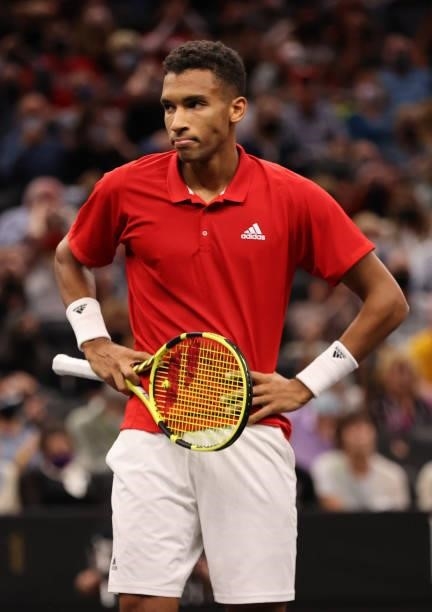 Felix Auger-Aliassime of Team World reacts to a shot against Matteo Berrettini of Team Europe during the second match during Day 1 of the 2021 Laver...