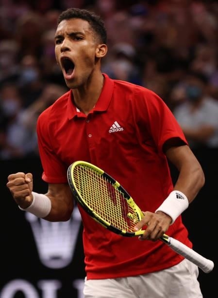 Felix Auger-Aliassime of Team World reacts to his shot in the first set against Matteo Berrettini of Team Europe during the second match during Day 1...