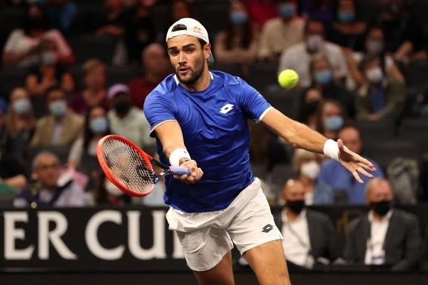 Matteo Berrettini of Team Europe plays a shot against Felix Auger-Aliassime of Team World during the second match during Day 1 of the 2021 Laver Cup...