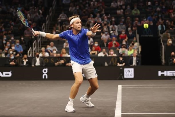 Casper Ruud of Team Europe plays a shot against Reilly Opelka of Team World during the first match during Day 1 of the 2021 Laver Cup at TD Garden on...