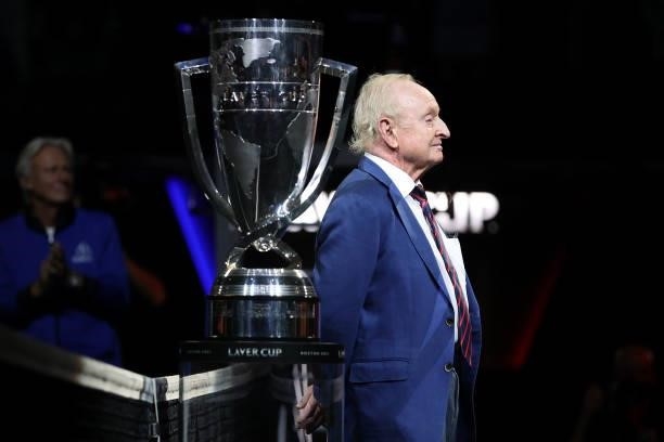 Rod Laver stands next to the Laver Cup trophy during Day 1 of the 2021 Laver Cup at TD Garden on September 24, 2021 in Boston, Massachusetts.
