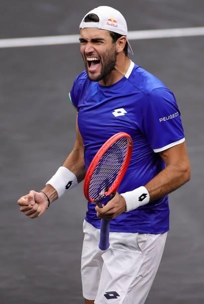 Matteo Berrettini of Team Europe reacts to match point against Felix Auger-Aliassime of Team World during the second match during Day 1 of the 2021...