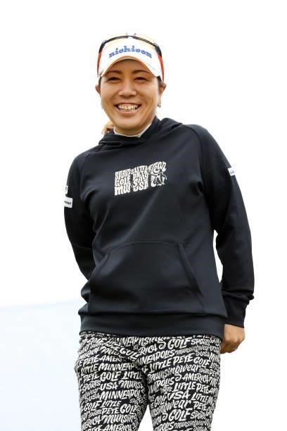 Mika Miyazato of Japan smiles before tee-off on the 10th hole during the second round of the Miyagi TV Cup Dunlop Ladies Open at Rifu Golf Club on...