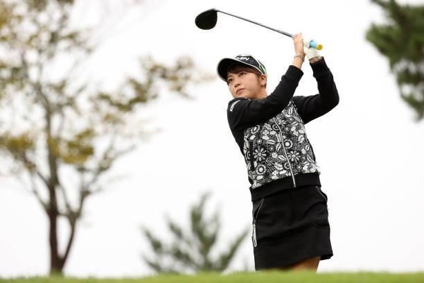 Hikari Tanabe of Japan hits her tee shot on the 10th hole during the second round of the Miyagi TV Cup Dunlop Ladies Open at Rifu Golf Club on...