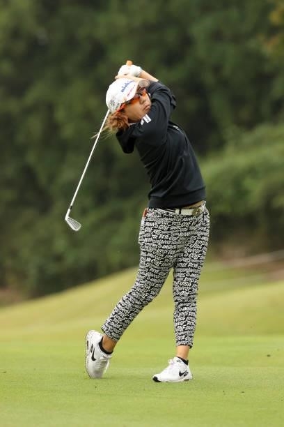 Mika Miyazato of Japan hits her second shot on the 10th hole during the second round of the Miyagi TV Cup Dunlop Ladies Open at Rifu Golf Club on...