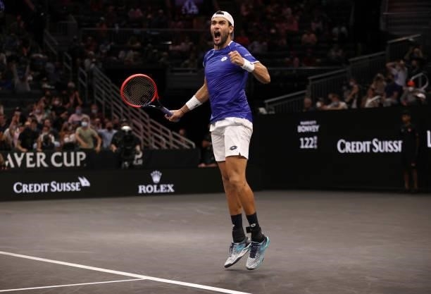 Matteo Berrettini of Team Europe reacts to winning the second set against Felix Auger-Aliassime of Team World during the second match during Day 1 of...