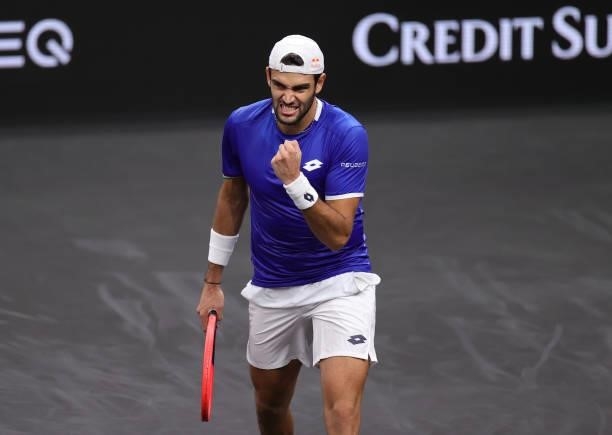 Matteo Berrettini of Team Europe reacts to winning the second set against Felix Auger-Aliassime of Team World during the second match during Day 1 of...