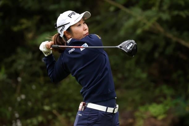Mamiko Higa of Japan hits her tee shot on the 2nd hole during the second round of the Miyagi TV Cup Dunlop Ladies Open at Rifu Golf Club on September...