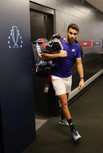 Matteo Berrettini of Team Europe walks to the locker room after winning the second set against Felix Auger-Aliassime of Team World during the second...