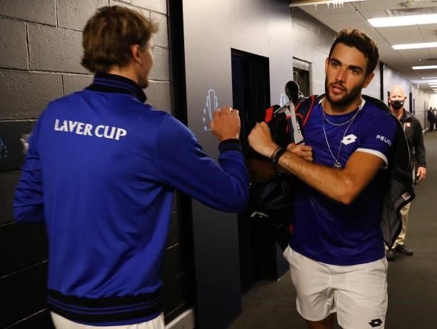 Matteo Berrettini of Team Europe walks to the locker room after winning the second set against Felix Auger-Aliassime of Team World during the second...
