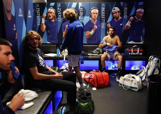 Matteo Berrettini of Team Europe in the locker room after winning the second set against Felix Auger-Aliassime of Team World during the second match...