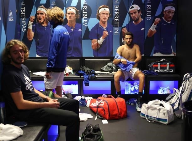Matteo Berrettini of Team Europe in the locker room after winning the second set against Felix Auger-Aliassime of Team World during the second match...