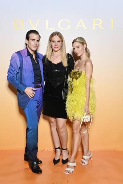 Carlo Sestini, Elisabetta Marra and Elizabeth Sulcer attend Bulgari SS22 Accessories Collection Event on September 24, 2021 in Milan, Italy.