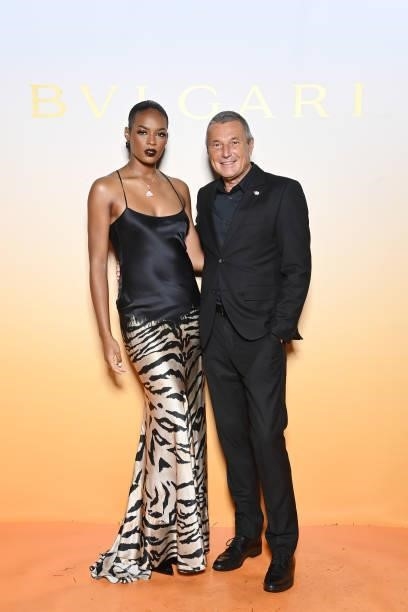 Didi Stone and Jean-Christophe Babin attend Bulgari SS22 Accessories Collection Event on September 24, 2021 in Milan, Italy.