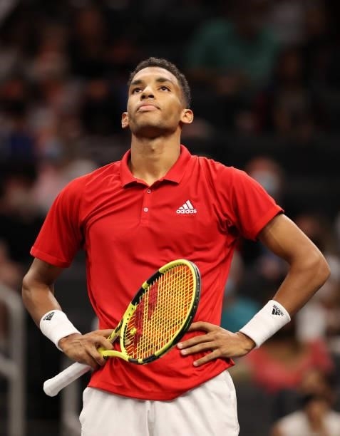 Felix Auger-Aliassime of Team World reacts to a shot against Matteo Berrettini of Team Europe during the second match during Day 1 of the 2021 Laver...