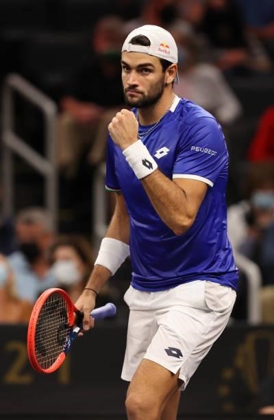 Matteo Berrettini of Team Europe reacts to a shot against Felix Auger-Aliassime of Team World during the second match during Day 1 of the 2021 Laver...