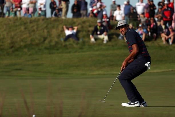 Tony Finau of team United States putts during Friday Afternoon Fourball Matches of the 43rd Ryder Cup at Whistling Straits on September 24, 2021 in...