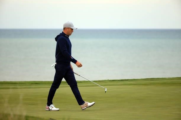 Justin Thomas of team United States walks on the 16th hole during Friday Afternoon Fourball Matches of the 43rd Ryder Cup at Whistling Straits on...