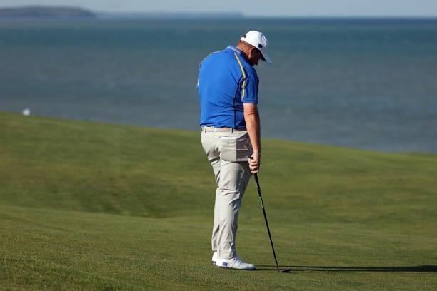 Shane Lowry of Ireland and team Europe reacts on the 15th hole during Friday Afternoon Fourball Matches of the 43rd Ryder Cup at Whistling Straits on...